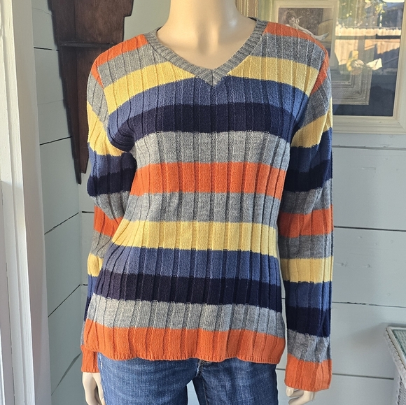 Vintage 90s Vanity Girl Gear Striped Tight Knit Wide Ribbed Sweater V-neck Small - Picture 2 of 6